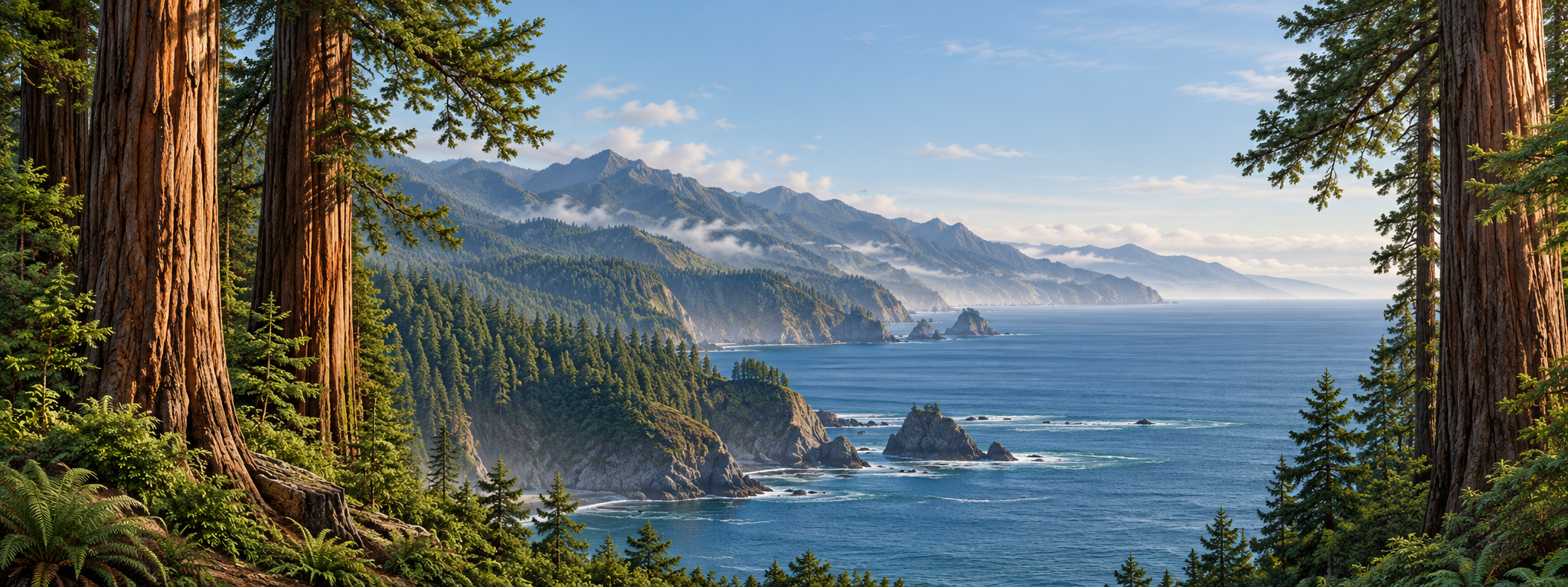 Illustrated coast redwoods framing Pacific mountains and ocean